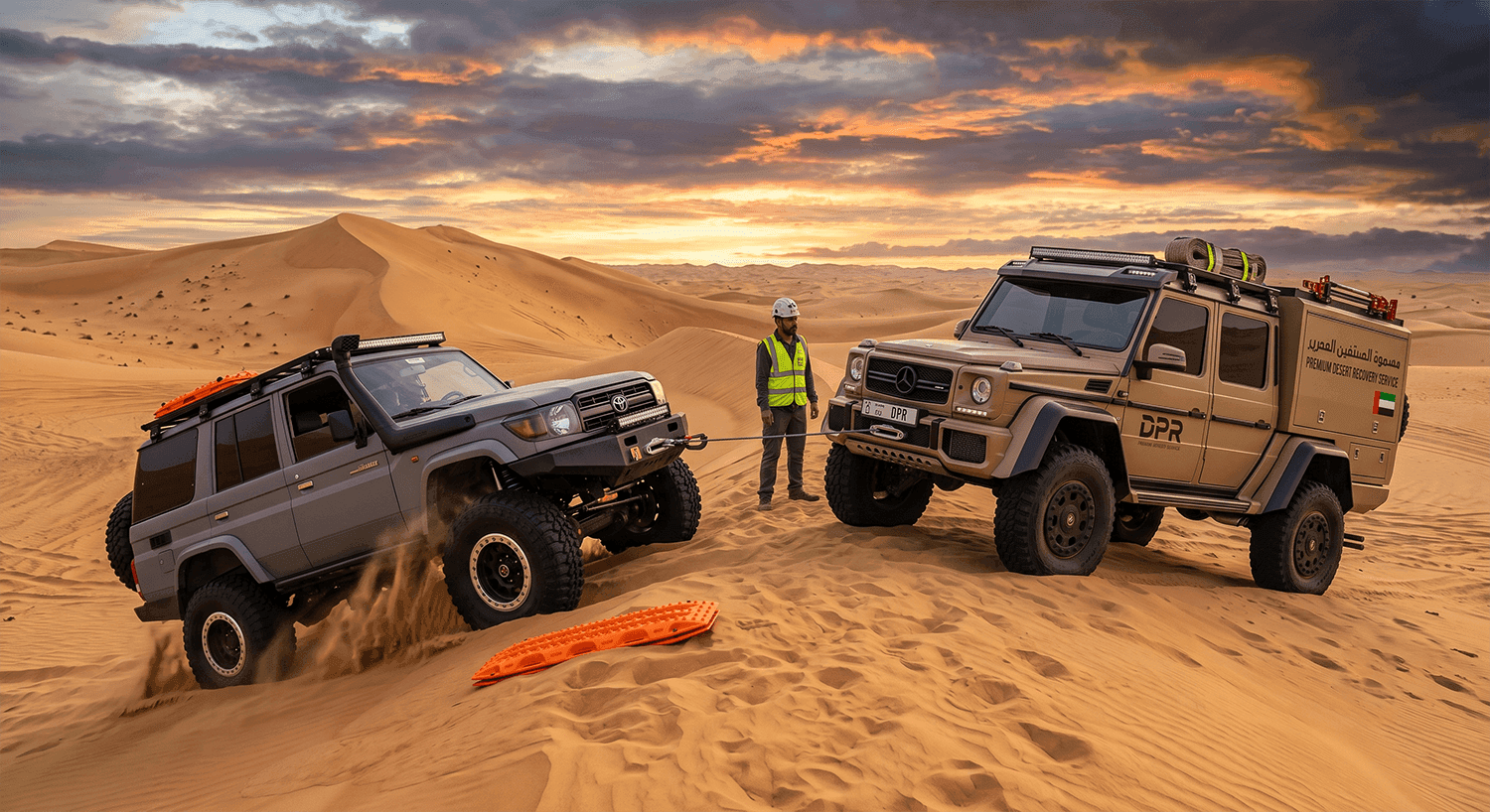 Off-road vehicle recovery in Dubai desert